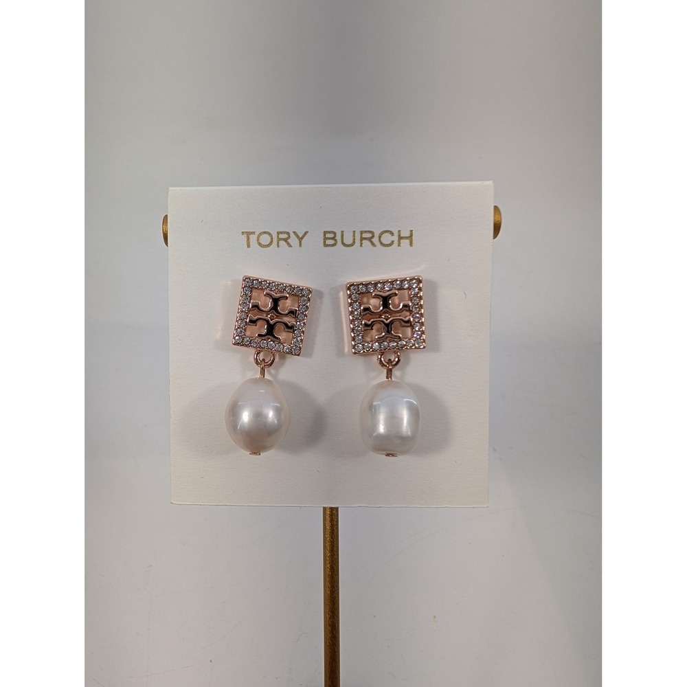Tory Burch Pearl Drop Earrings Rose Gold Tone Square Logo - NEW